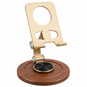 Aluminum & Walnut Wood Phone Stand - 360° Rotating Adjustable Desktop Holder
