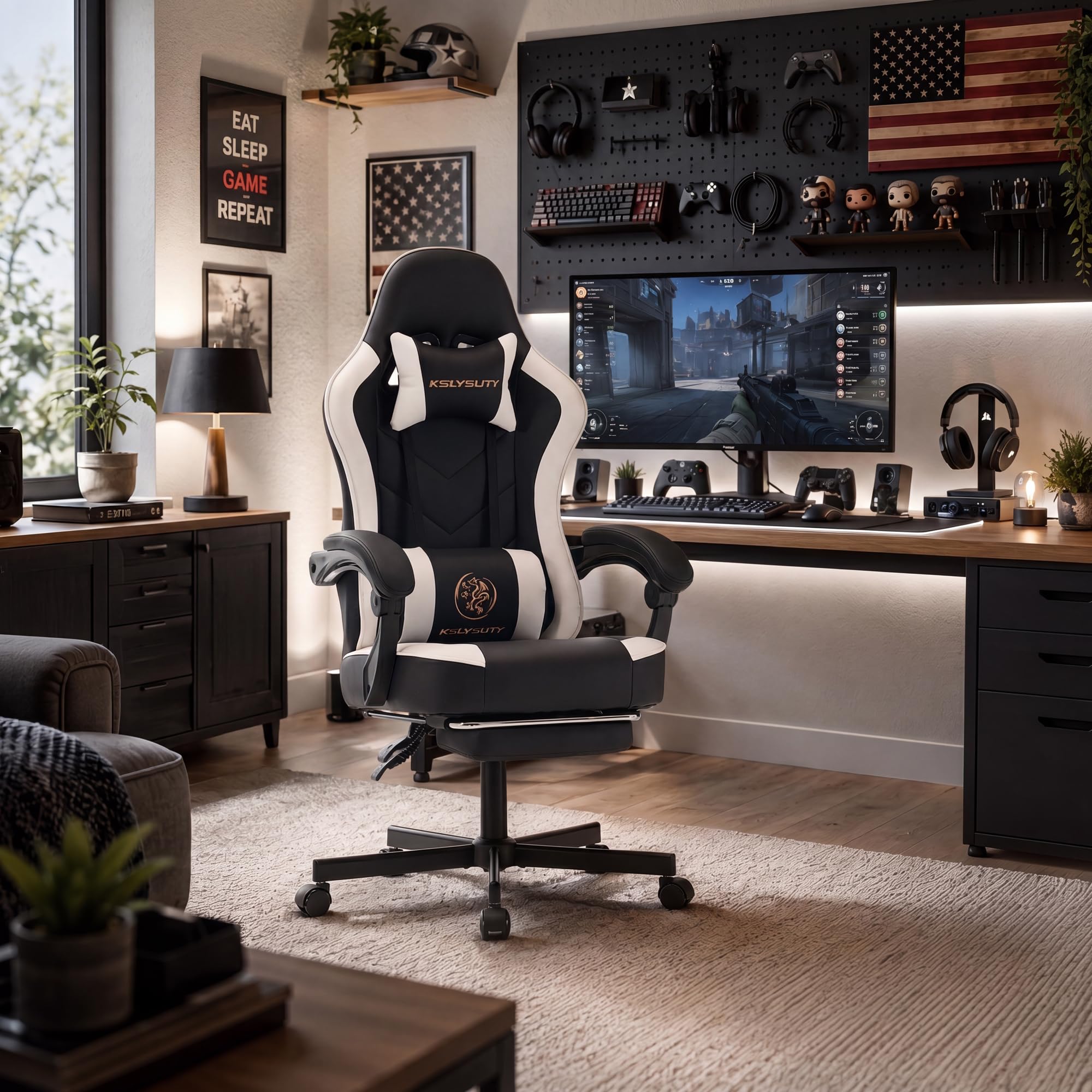 Desk Computer Gaming Chair - High Back Ergonomic Office Chair with Footrest and Lumbar Support, Swivel Comfy Home Gamer Video Game Chairs with Pocket Spring Cushion for Adults
