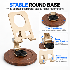 Aluminum & Walnut Wood Phone Stand - 360° Rotating Adjustable Desktop Holder