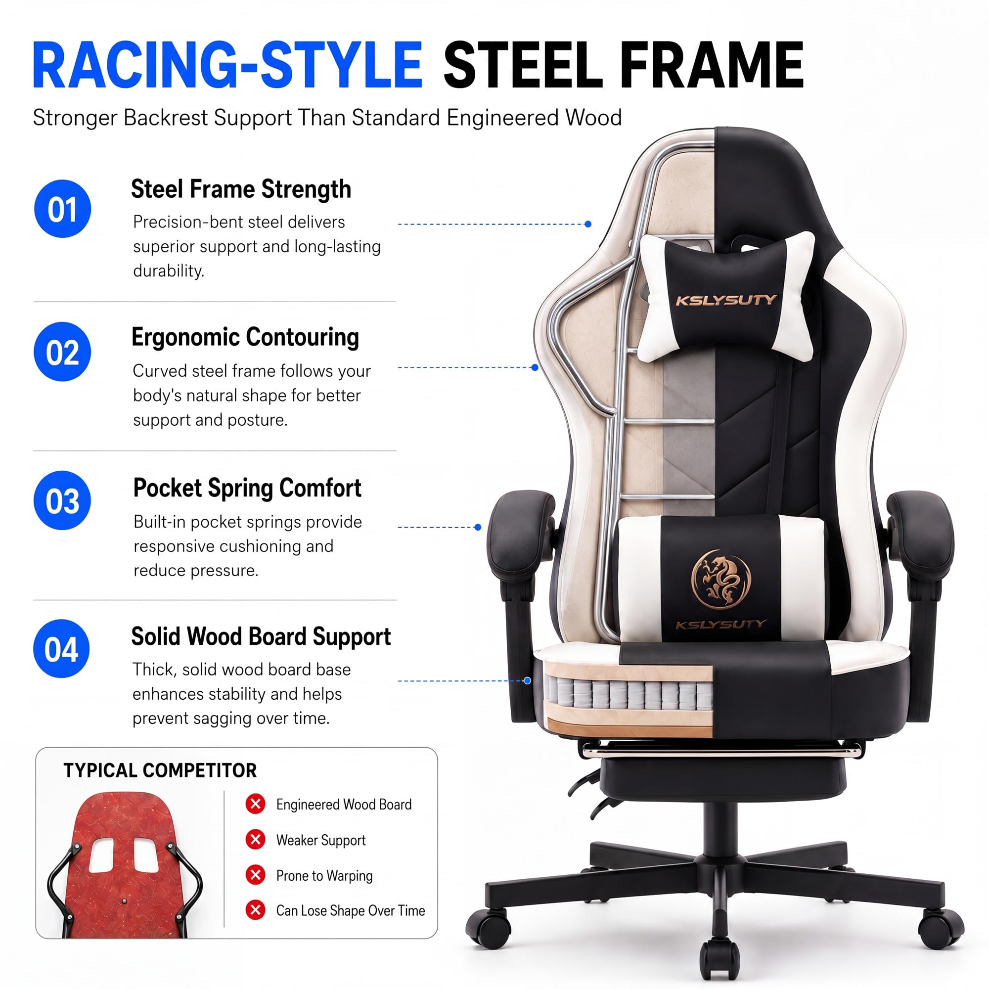 Desk Computer Gaming Chair - High Back Ergonomic Office Chair with Footrest and Lumbar Support, Swivel Comfy Home Gamer Video Game Chairs with Pocket Spring Cushion for Adults
