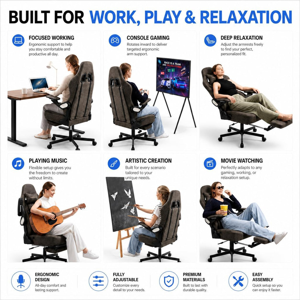 Ergonomic Gaming Chair for Adults - Big and Tall Desk Chair with Lumbar Support and Mechanical Arm Armrests, Comfortable Gamer Computer Chair, Gaming Chairs with Footrest